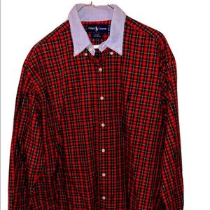 Ralph Lauren Blake Men's Red Plaid Long Sleeve Blue Collar - 100% Cotton - Large